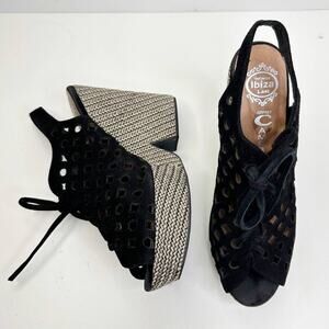 Jeffrey Campbell Suede Lace Up Platform Heel Peep Toe Sandal Black Women 8.5